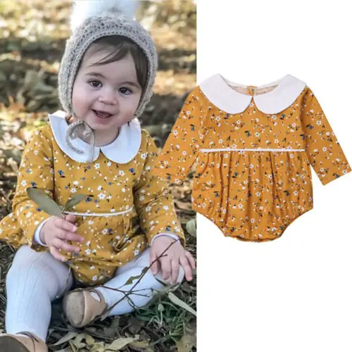 

0-18M Bodysuit Infant Newborn Baby Girl Long Sleeve Peter pan Collar Floral Cute Princess Cotton Bodysuit Clothes Outfit 2020