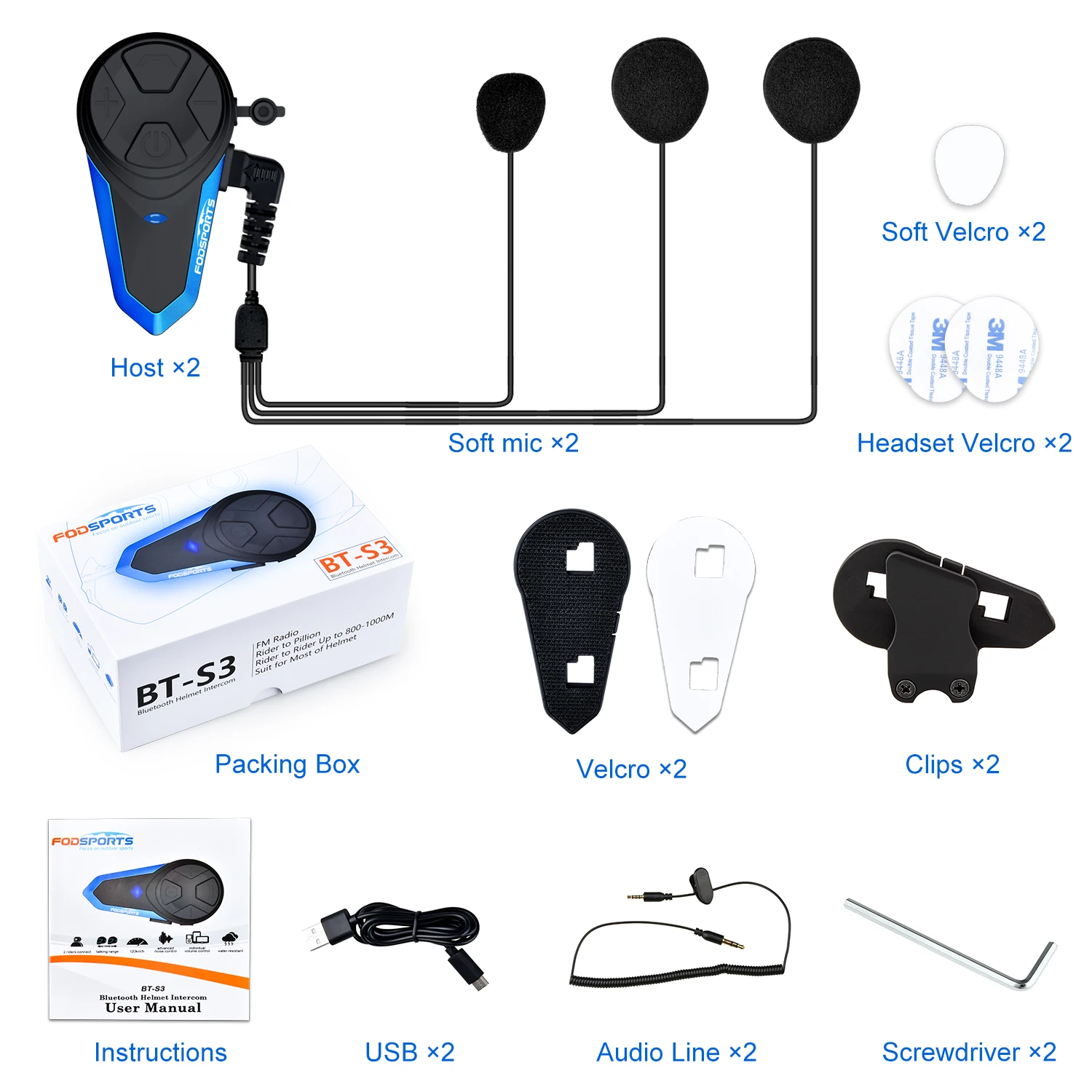 2 шт Fodsports домофон BT-S3 с fm-радио 2 всадника Bluetooth Мотоциклетный домофон шлем гарнитура bt Переговорная связь