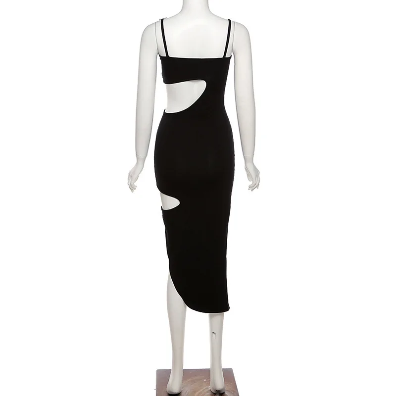 

Female Soft Cotton Patchwork Stretch Women's Clothing Sexy Hollow Out Skinny Bodycon Dresses Fashion Strap Irregular Long Dress