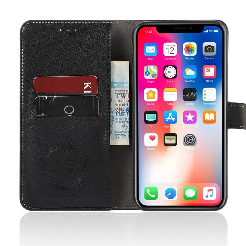 Роскошный кожаный чехол-книжка Litchi с отделением для карт и магнитной подставкой