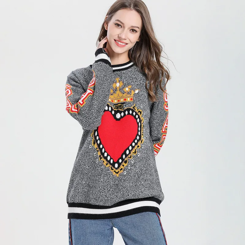 

Femmes Runway Designer Gray Heart Crown Jacquard Women Sweater Pullovers Luxury Street Christmas Sweater Knitting Jumper Tops