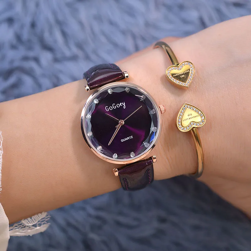 Purple Модные женские часы с искусственным бриллиантом красные женские звездное небо циферблат, кожаный ремешок наручные часы Montre Femme женские часы со стразами - Цвет: Purple