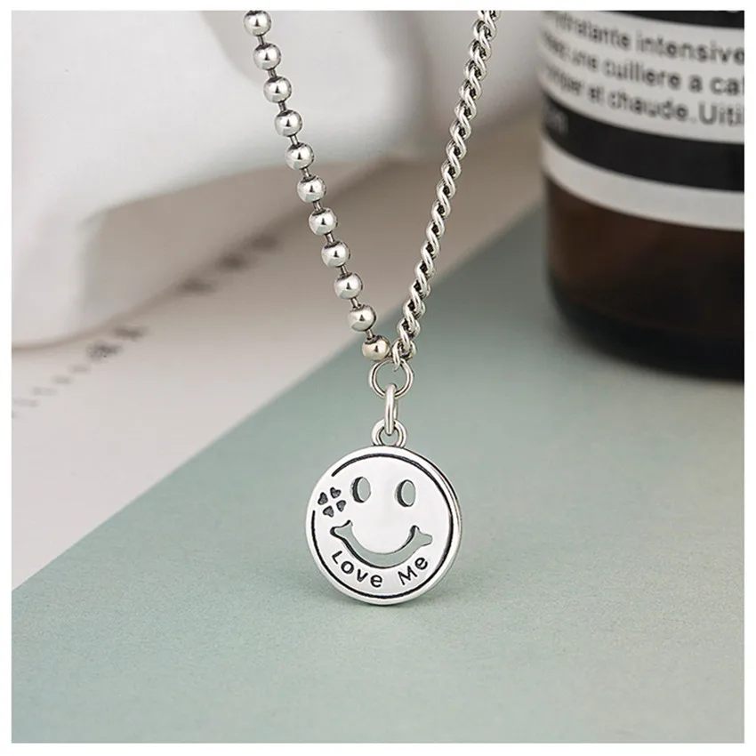 

s925 sterling silver ladies smiley face necklace female tide simple personality fashion mixed silver jewelry wild clavicle chain