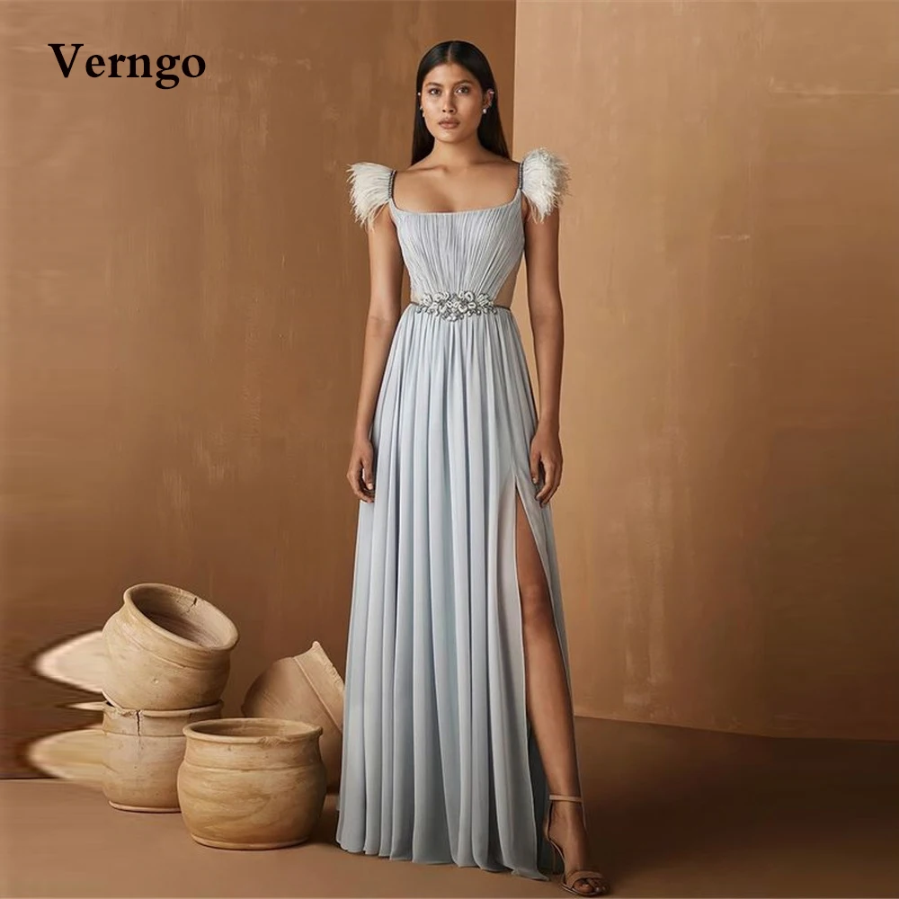 Verngo Vestidos de Fiesta largos de gasa drapeados, modernos, con mangas de plumas, cuentas, cinturón, abertura, color gris claro, sin espalda (0)