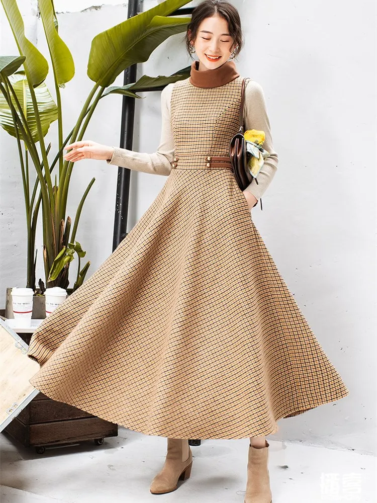 

Free Shipping Boshow New Fashion Vintage Winter Woolen Turtleneck Vest One-piece Dresses With Pockets Plaid A-line Bandage S-XL