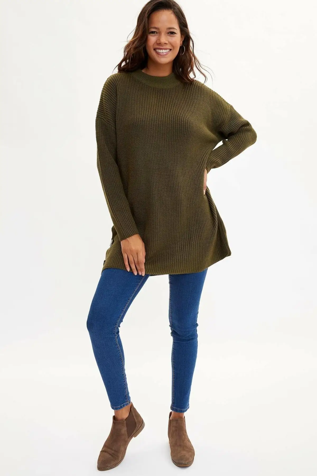 DeFacto Женская туника пуловеры модная армейский зеленый длинный рукав Женские