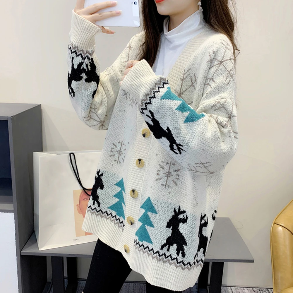 

Women Oversized Scarf Collar Buttons Knitted Christmas Cardigan Sweater Coat