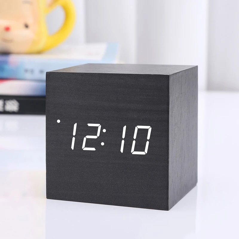 

1PC Digital LED Wooden Square Desk Alarm Clock Voice Control Alarm Clock Timer Home Decoration