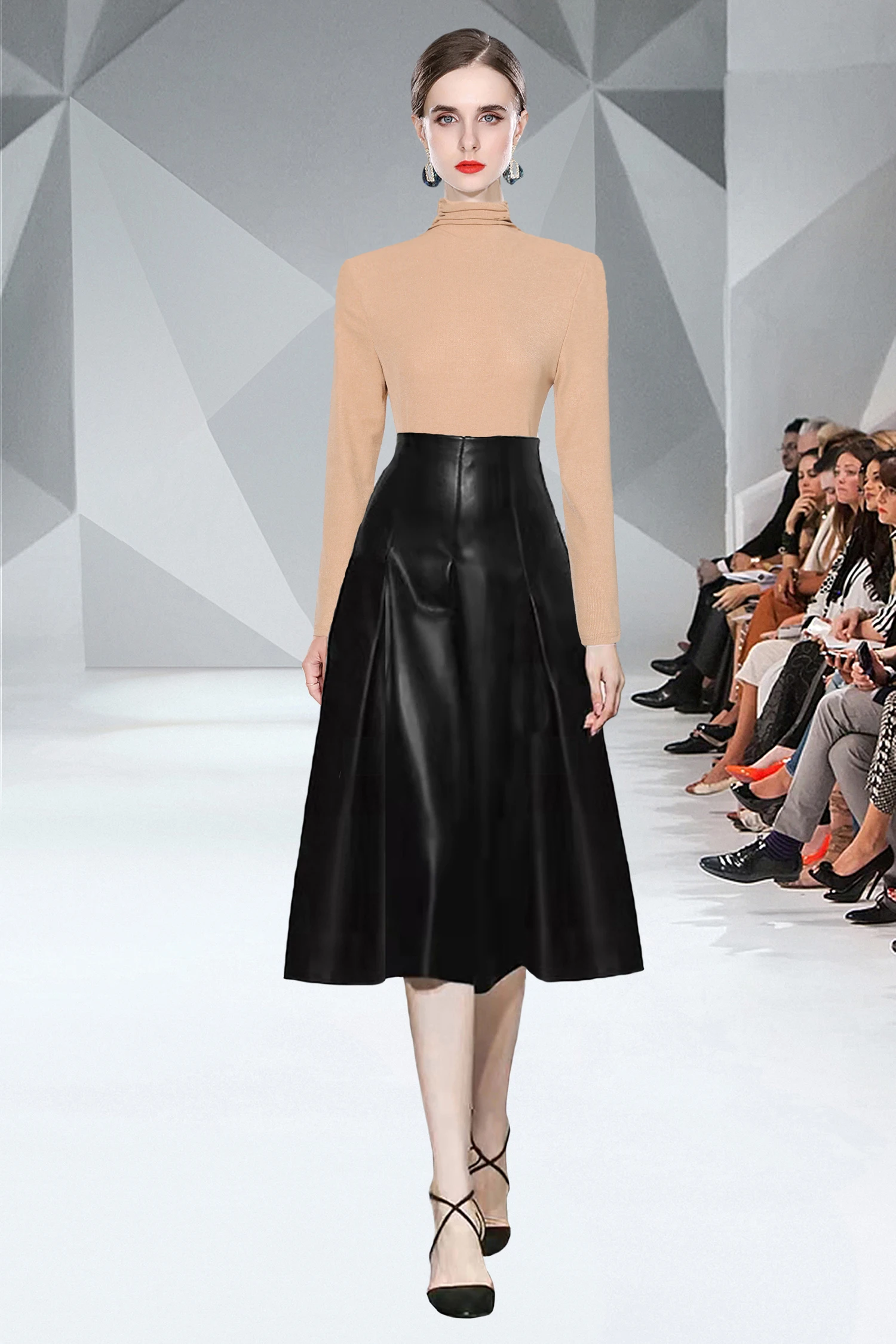 

Customize Made Women Winter New Fashion Plus Size 3XS-10XL High Waist Black Faux Leather Long A Line Skirt