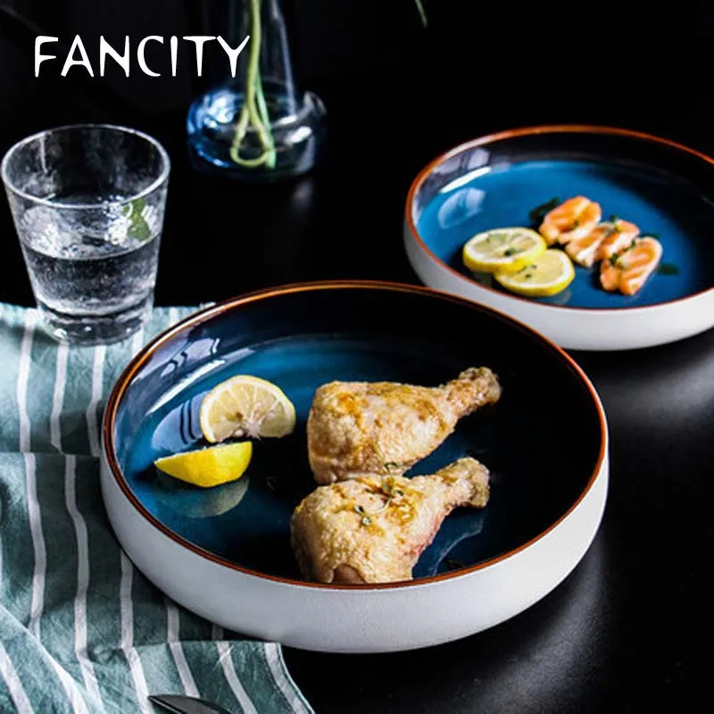 

Большая тарелка FANCITY, глубокая тарелка, керамическая печь в скандинавском стиле, синяя, большая креативная сетчатая красная посуда, Западная обеденная тарелка для ресторана
