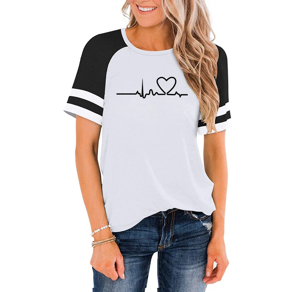 

Summer Hot Women's Top T-Shirt Loose Striped Sleeves Round Neck Stitching Short-Sleeved T-Shirt