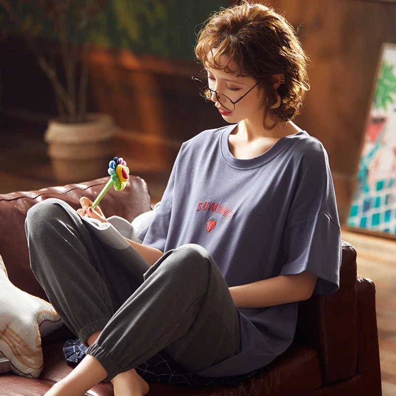 Женская летняя Хлопковая пижама с коротким рукавом и длинными брюками | одежда