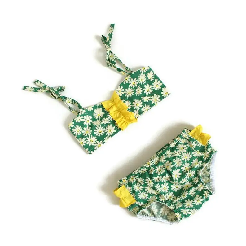 

2 Pcs Infant Bathing Suits Baby Girl Sleeveless Daisy Print Tie Up Bikini Tops + Swimming Bottoms 2021 New Kids Bikini Swimwear