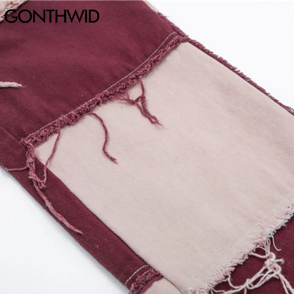 

GONTHWID Denim Pants Hip Hop Streetwear Distressed Color Block Patchwork Jogger Jeans Casual Fashion Harajuku Loose Trousers