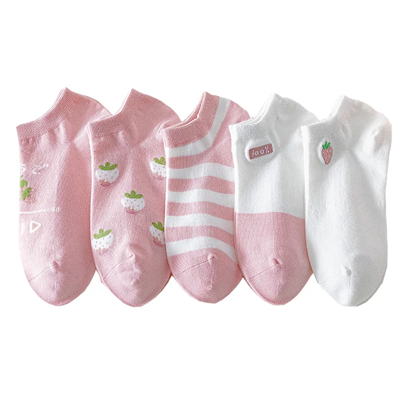 

5 Pairs Strawberry Socks Pink Designer Embroidery Summer Thin Japanese Style Low-Cut Cute Soft Girl Breathable Women Calcetines