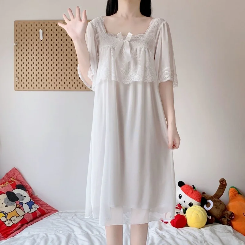 

Qweek Sexy Nightwear 2021 New Summer Vintage Princess Style Dress Cute Lace Nightgown Kawaii Bow Nightdress Home Suit Roomwear
