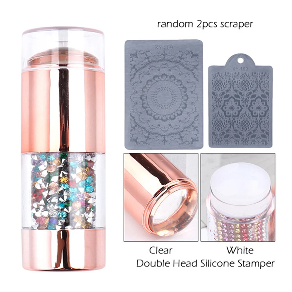 New Double-end Nail Stamper Stamping Plate Set Crystal Handle Jelly Silicone Art Stamp Image Stencil Tools with Cap | Красота и