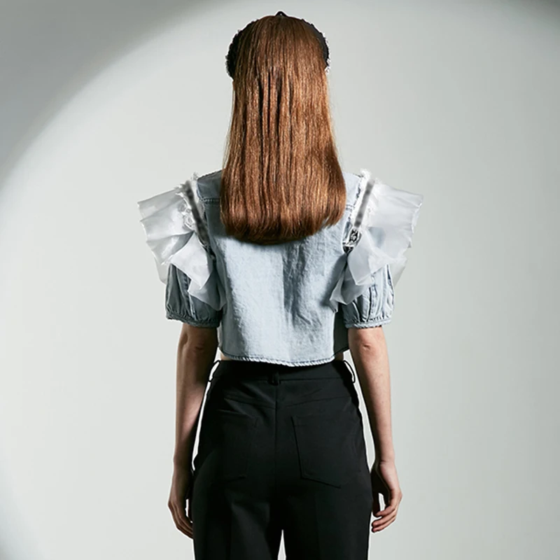 

VGH Vintage Patchwork Mesh Shirt For Women Lapel Short Sleeve Single Breasted Ruched Blouses Female Summer Fashion 2021 Stylish