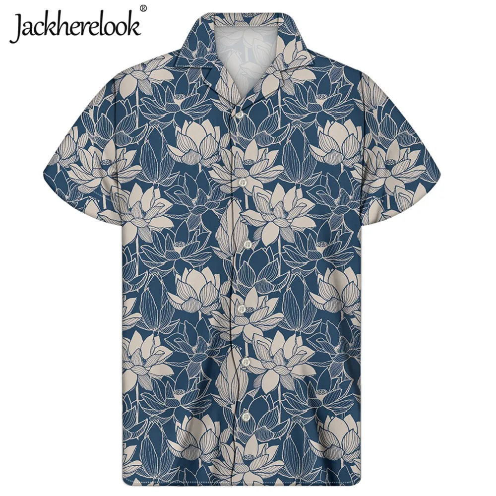 

Jackherelook 2020 Mens Short Sleeve Beach Hawaiian Shirts Fashion Tropical Floral Lotus Print Plus Size Male Tops Shirts Blouses