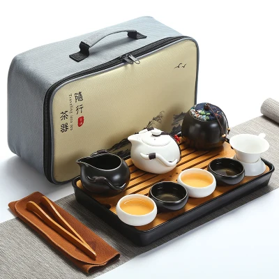 Качественный дорожный чайный набор кунг-фу чайник чашки gaiwan infuser chahai портативная коробка cozies деревянный бамбуковый поднос китайский чайный церемониальный набор - Цвет: set 8