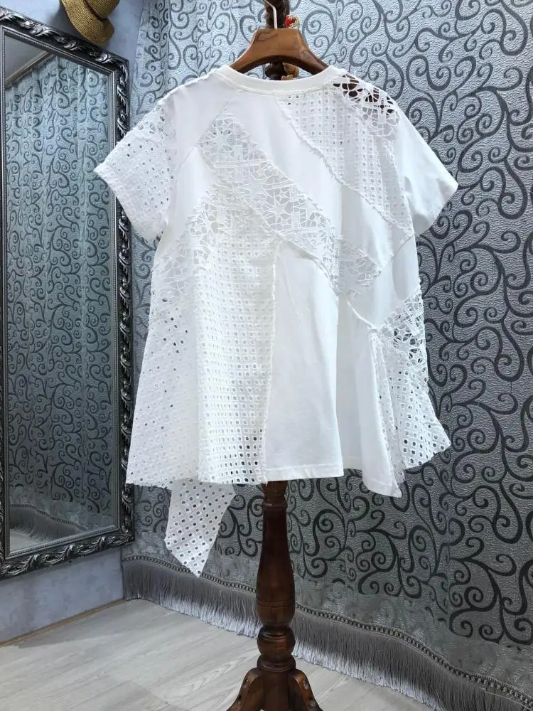 

Irregular Embroidery Hollow Out Stitching Lace T-shirt Women 2021 Summer Fashion Clothing O-Neck Short Sleeve Tshirt Loose Tops