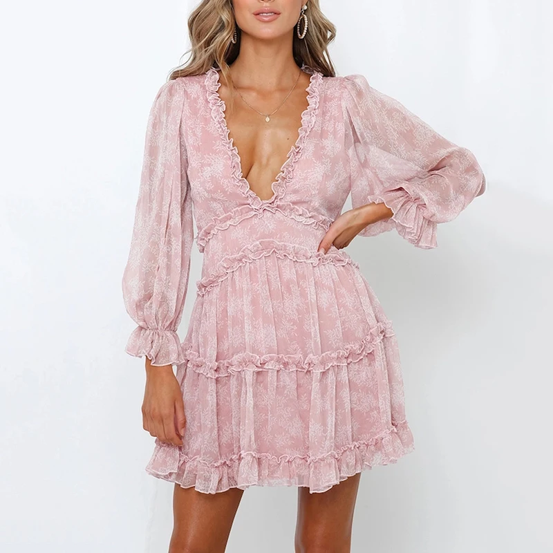 

Floral Chiffon Dress Women Summer 2021 New Sexy V-Neck A-Line Backless Ruffle Button Harajuku Ladies Beach Vestido SJ7532C