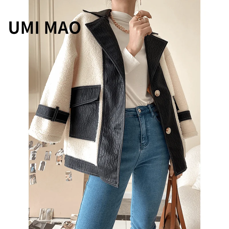 

UMI MAO Blazers Collar Pu Leather Stitching Lamb Wool Coat Female Wild Autumn Winter Plus Velvet Thickening Parka Real Fur Y2K