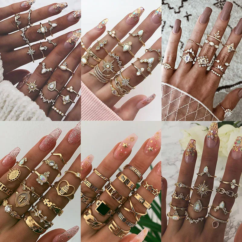 

KSRA Boho Vintage Gold Star Knuckle Rings For Women BOHO Crystal Star Crescent Geometric Female Finger Rings Set Jewelry 2020