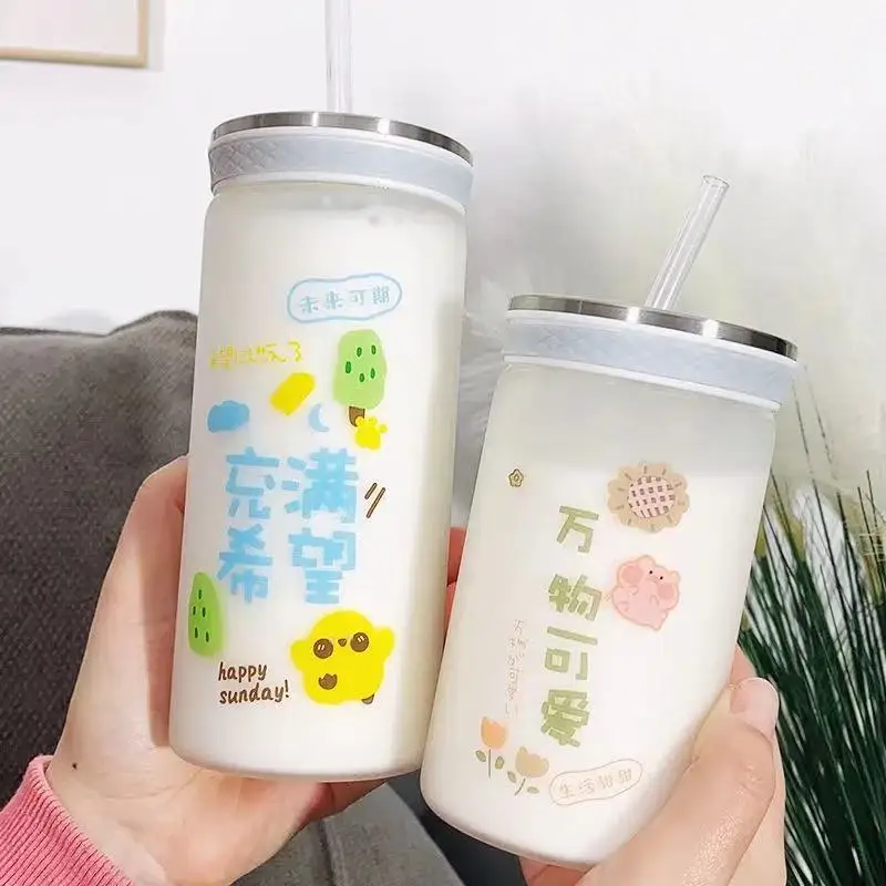 

350ml 500ml Glass Bottles Coffee Mug Kawaii Cup Glass with a Straw Glasses Cute Cups Double Lid Drink Milk Carton Water Bottle
