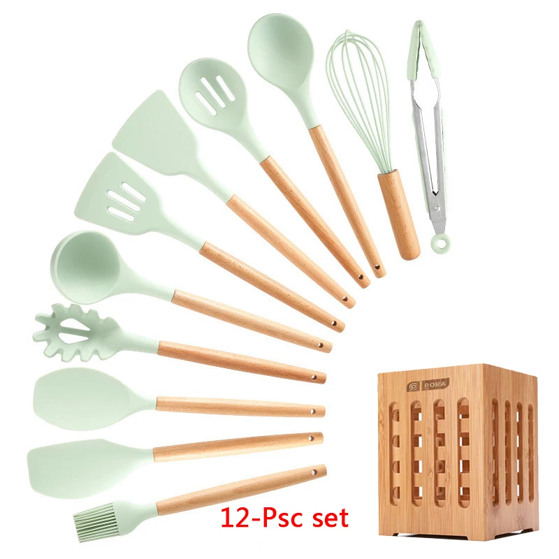 12-Pcs kitchen set 11-13 шт Силиконовая кухонная утварь набор кухонной утвари антипригарный шпатель Премиум деревянная ручка с ящиком для хранения кухонные инструменты - Цвет: 12-Pcs kitchen set