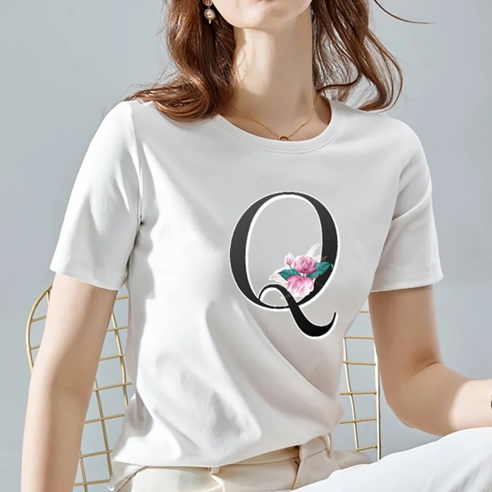 

Women's Summer T-shirt Fashion and Beautiful Ladies 26 English Alphabet Printing Series All-match Bottoming Short Sleeves