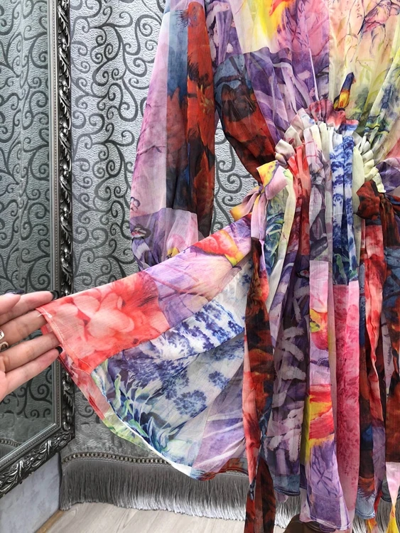 

New 2021 Summer Style Dress High Quality Women V-Neck Cute Birds Floral Print Drawstring Waist Casual Loose Dress Above Knee