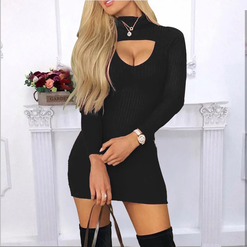 

Women's Spring Autumn Thread Dress Stretch Solid Color Slim Korean Skirt Sexy Turtleneck Sweater Plus Size Clothing Midi Dress