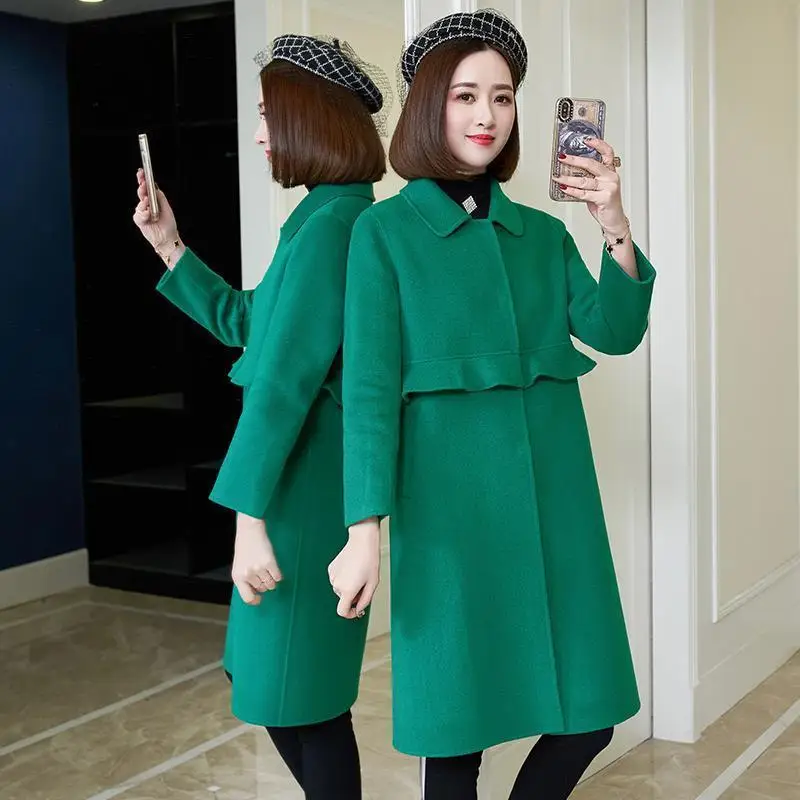 

Frilled Lapel Woolen Coat Women's Mid-length Green Woolen Coat Women's Winter New Woolen Coat