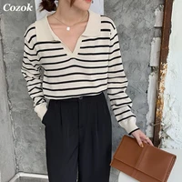 women long sleeve striped sweater fall 2021casual basic pullovers korean polos neck simple lapel slim knitted chic pullovers