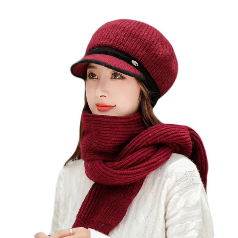 

Woman Knit Beanie Hat and Scarf Set Thicken Rabbit fur Hat High Quality Scarf For Winter Girls Women hat scarf Beanies