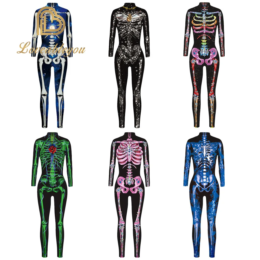 Новый 3D с принтом (розы) Костюм скелета комбинезон Хэллоуин костюмы для женщин