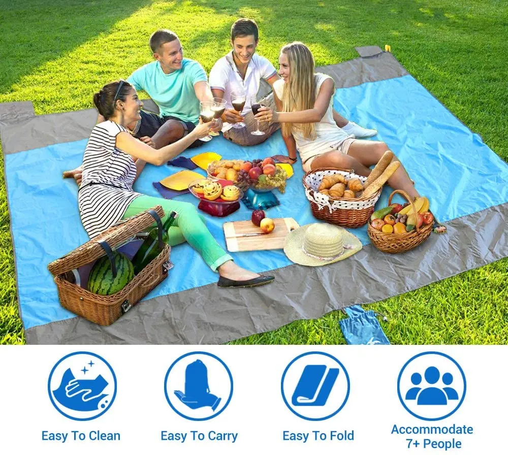 

Sandfree Beach Blanket Large Sandless Beach Mat for 4-7 Adults Waterproof Pocket Picnic Blanket with 6 Stakes Outdoor Blanket