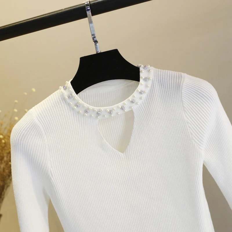 2019 жемчуг v-образным вырезом желтый женский свитер весенний тонкий пуловер