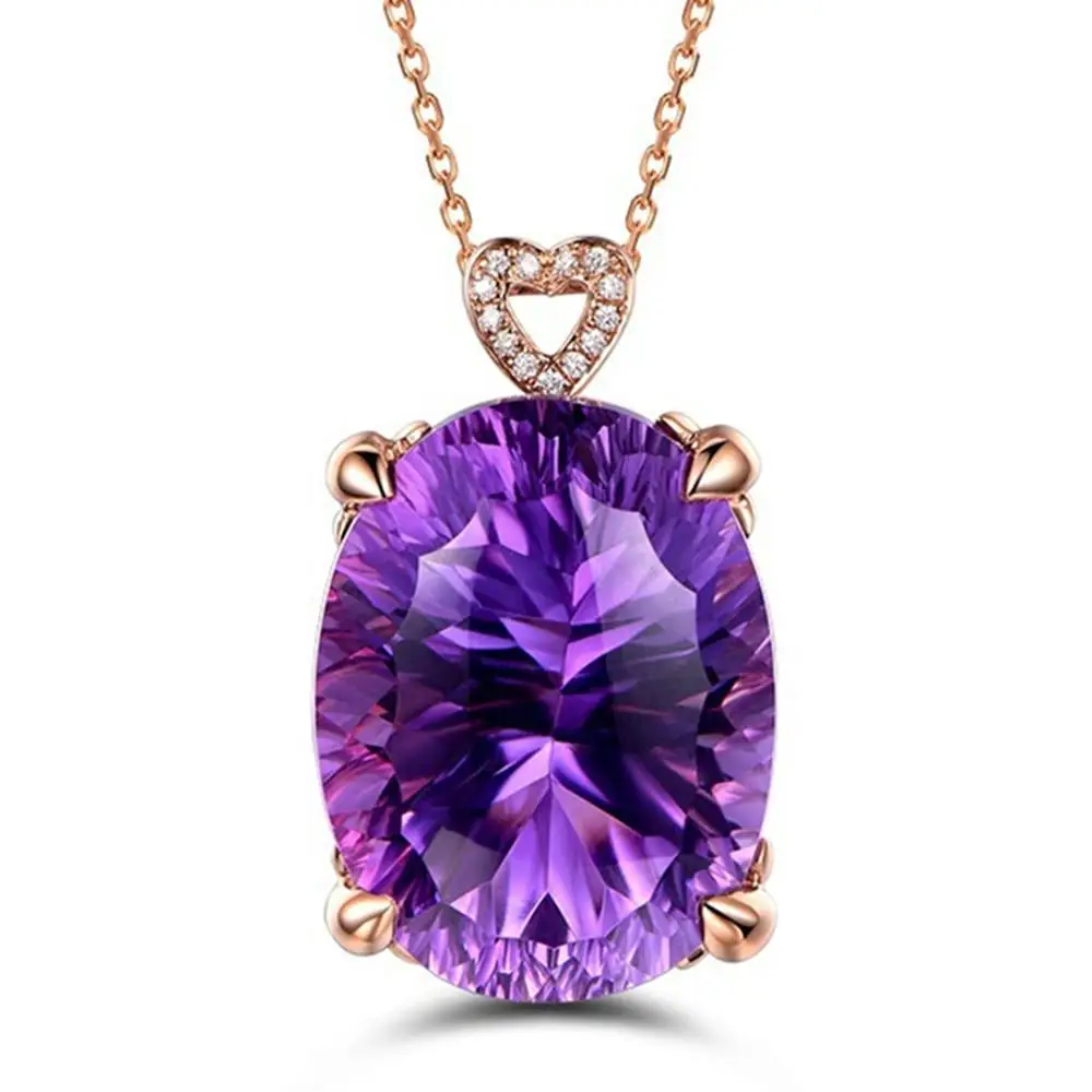 

Big amethyst gemstone purple crystal pendant necklace for women femme 18k rose gold color chain luxury jewelry zircon diamonds