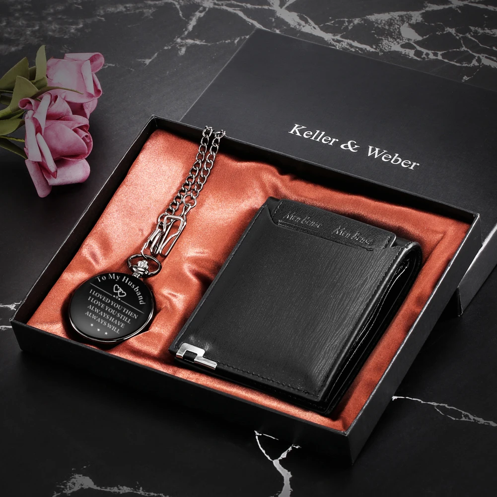 2021 Creative Personalized To My Husband Quartz Pocket Watch Durable Leather Wallet with Printed Sweet Text Gift Sets for Lovers