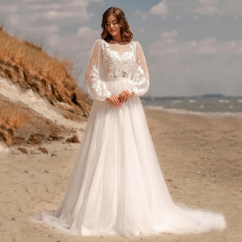 

Princess Wedding Dress A Line Custom Made O Neck Puff Sleeves Bridal Gowns Sweep Train Beach Wedding Dresses