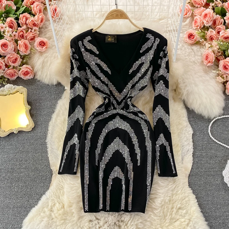 

Women's Spring Autumn Runway Fashion Diamonds Beaded Elastic Slim Dress Female High Waist Chic Party Dress TB2074