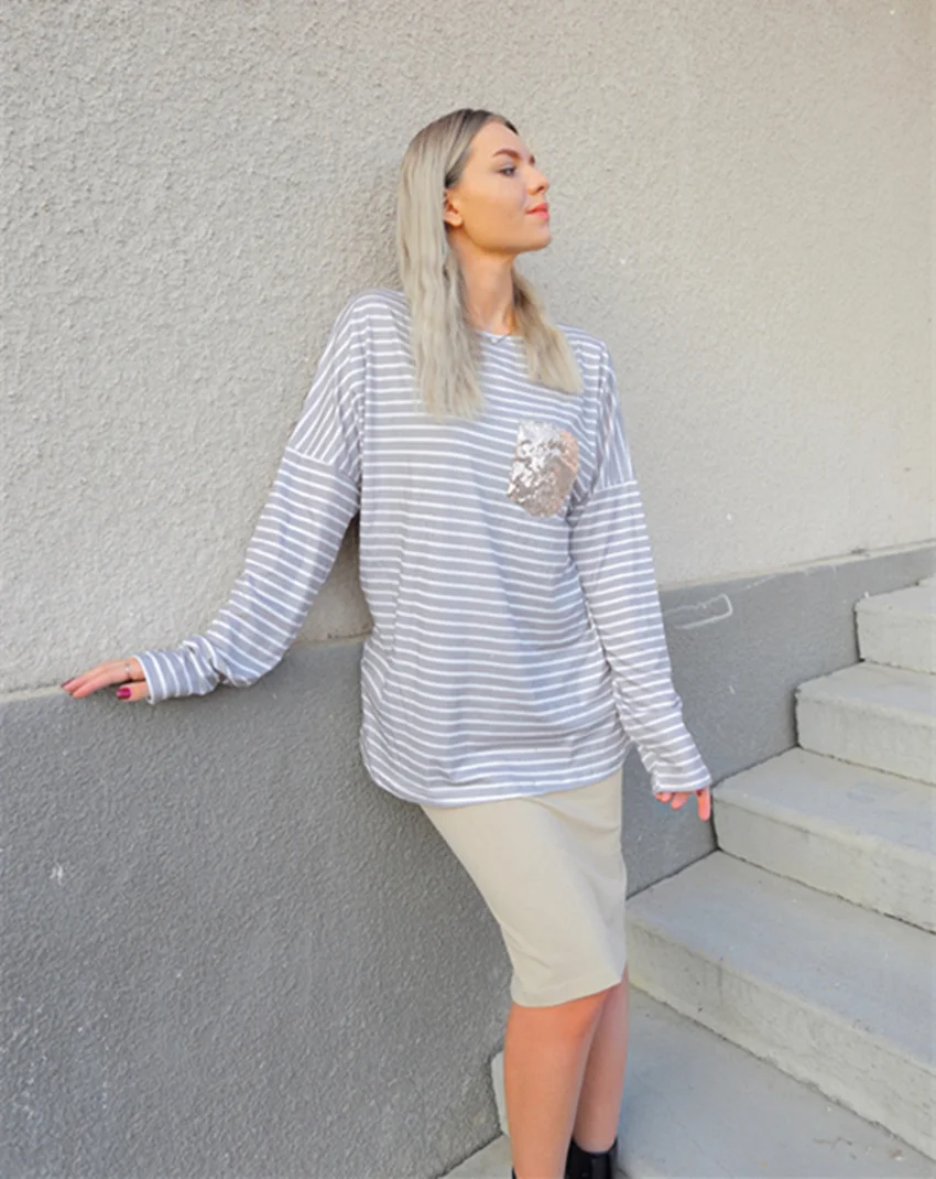Полосатый Топ женская футболка с длинным рукавом повседневные свободные