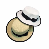 new sun hats natural wheat straw boater top hat women summer beach flat brim cap bowknot ribbon for holiday sombreros de sol