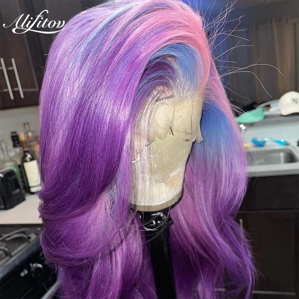 

ALIFITOV Highlight Wig Purple Colored Human Hair Wigs 13X4 Ombre Natural Wave Lace Front Wig Highlight Lace Front Human Hair Wig