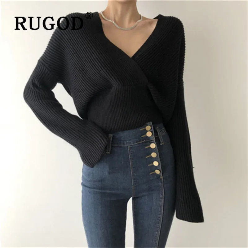 RUGOD korean chic solid female sweater pullovers v neck cross shape high waist knitted pull fashion elegant woman warm | Женская одежда