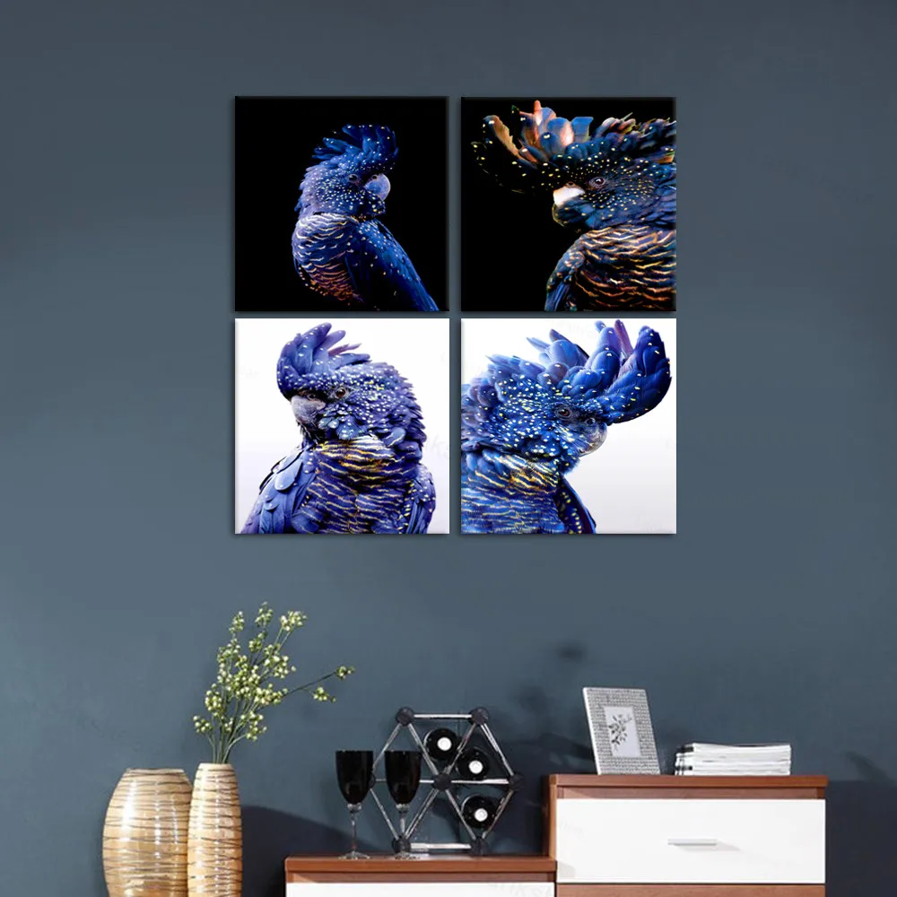 4 Панель Wall Art птица черный Какаду Темно-синие попугай мультфильм животных