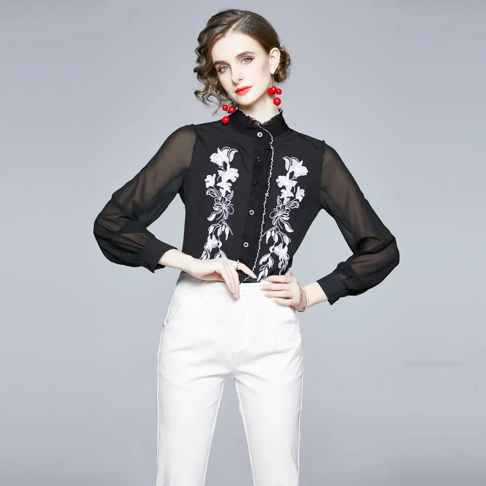

Europe Style Runway Designers Spring Women Blouse Long Sleeve Ruffle Collar Floral Embroidery Shirt Sexy Office Lady Tops Blusas