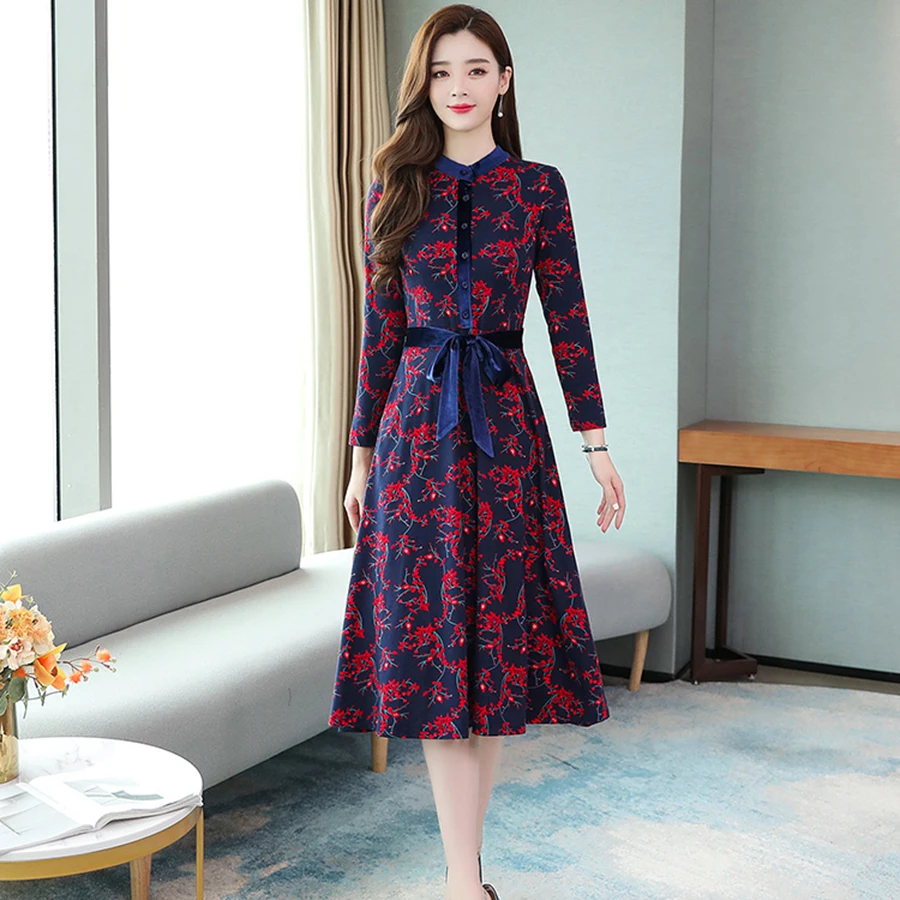 

Autumn Winter New 4XL Plus Size Print Long Sleeve 2021 Vintage Female Red Floral Midi Dresses Dress Classy Women Party Vestidos